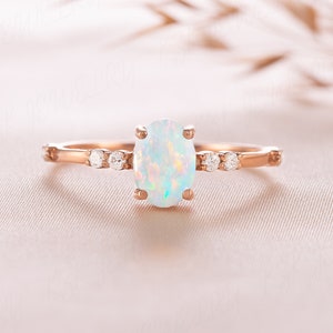 Women opal ring 14k rose gold, Dainty oval opal promise ring for her, Unique minimalist natural opal engagement ring, Anniversary gift ring