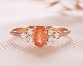 Dainty minimalist oval sunstone engagement ring, Unique sunstone cluster promise ring for her, Women sunstone ring gold, Sunstone jewelry