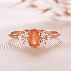 Dainty minimalist oval sunstone engagement ring, Unique sunstone cluster promise ring for her, Women sunstone ring gold, Sunstone jewelry