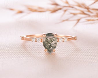 Dainty moss agate promise ring for her, Unique 14k rose gold pear moss agate engagement ring, Women moss agate ring Anniversary gift for her