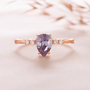 Women pear alexandrite ring rose gold, Dainty minimalist alexandrite engagement ring, Alexandrite promise ring for her, Anniversary gift