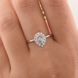 Sterling silver womens aquamarine ring, Pear engagement ring, Blue stone ring, Simple promise ring for her, Silver promise ring, Unique ring