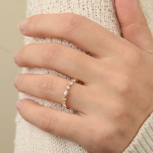 Unique small & dainty 14k rose gold marquise cut white cz womens wedding band, Minimalist tiny wedding band for her, Gift for woman ring