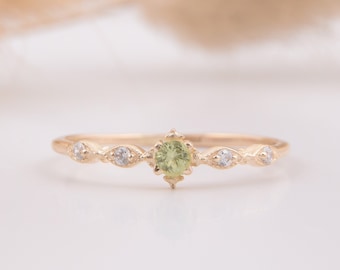 14k yellow gold antique victorian peridot minimalist engagement ring, Delicate & small peridot promise ring for her, Anniversary gift ring