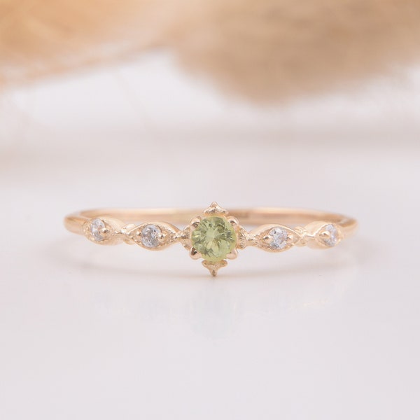 14k yellow gold antique victorian peridot minimalist engagement ring, Delicate & small peridot promise ring for her, Anniversary gift ring