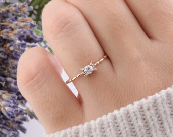 Small & dainty 14k rose gold white cz promise ring for her, Minimalist delicate womens gold engagement ring, Art deco antique style ring