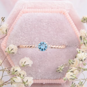 Unique 14k rose gold swiss blue topaz solitaire promise ring for her with twisted band, Small & dainty blue topaz womens engagement ring