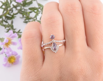 Art deco 14k rose gold dainty alexandrite womens wedding rings set, Unique bezel cut marquise alexandrite engagement rings set, Gift for her