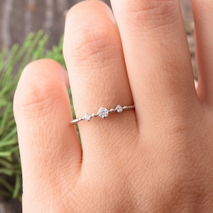 14k solid white gold delicate promise ring for her, Small & dainty womens promise ring, Womens 3 stone gold engagement ring,Simple gold ring