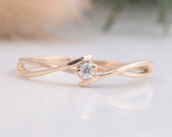 Small & delicate 14k yellow gold womens solitaire engagement ring, Unique celtic style white cz promise ring for her, Gift for girlfriend