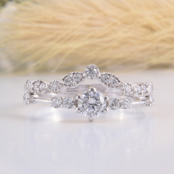 Conjunto único de anillos de boda art déco de plata de ley 925 para mujer, conjunto de anillos de boda pequeños y delicados, conjunto de anillos de boda cz blancos, anillos nupciales de plata