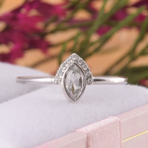 Dainty Womens Promise Ring, White Topaz Silver Ring, Womens Dainty Engagement Ring, Art Deco Silver Ring, Marquise Ring, Antique Silver Ring