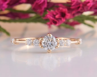 Anillo de promesa delicada para mujer, anillo de promesa minimalista de oro amarillo para ella, anillo de oro pequeño, anillo de compromiso de oro único para mujer