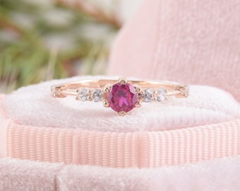 Minimalist dainty 14k rose gold womens ruby engagement ring, Simple & elegant ruby promise ring for her, Ruby jewelry, July birthstone