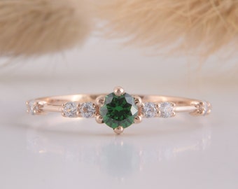 Womens 14k rose gold dainty emerald promise ring, Small & delicate emerald promise ring for her, Womens emerald gold engagement ring