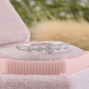 Vintage style art deco small 14k solid white gold promise ring for her, Minimalist dainty white cz womens engagement ring, Anniversary gift