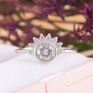 Womens silver art deco engagement ring, Bezel cut engagement ring, Dainty promise ring for her, Unique halo antique engagement ring