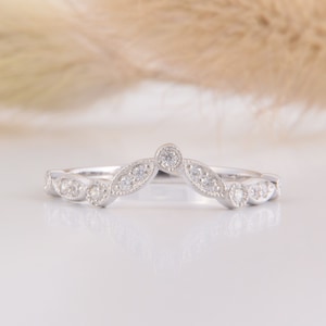 14k solid white gold art deco curved womens wedding band, Unique dainty white cz wedding band, Simple antique style wedding band for her