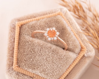 Women snowflake sunstone ring, Women 14k rose gold minimalist sunstone halo engagement ring, Unique art deco sunstone promise ring for her