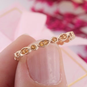 14k solid yellow gold art deco citrine wedding band, Small & dainty unique womens  wedding band,Womens citrine gold ring,November birthstone