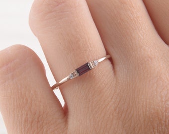 Delicate minimalist 14k rose gold garnet promise ring for her, Small & dainty baguette cut garnet engagement ring, Tiny womens promise ring