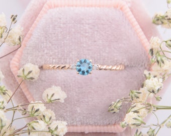 Unique 14k rose gold swiss blue topaz solitaire promise ring for her with twisted band, Small & dainty blue topaz womens engagement ring