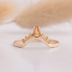 Antique style victorian 14k yellow gold citrine curved crown wedding band,Womens unique vintage art deco V shaped tiara citrine wedding ring