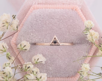 Dainty & tiny 14k rose gold geometric black cz solitaire promise ring for her, Small delicate womens triangle engagement ring, Gift for her