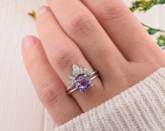 Unique Silver Wedding Rings Set for Her, Amethyst Ring Set, Art Deco Wedding Rings Set, Crown Rings Set, Cocktail Silver Rings Set