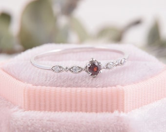 Small minimalist 14k white gold antique style art deco red garnet promise ring for her,Tiny & dainty womens victorian garnet engagement ring