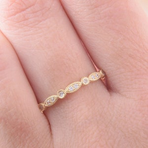 Half eternity art deco wedding band, Yellow gold womens wedding band, Dainty wedding band for her, Small wedding ring, Unique wedding ring