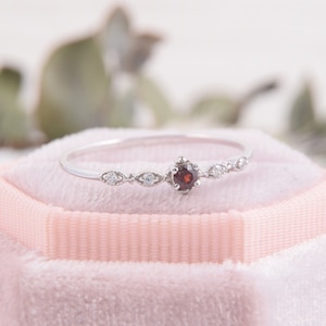 Small minimalist 14k white gold antique style art deco red garnet promise ring for her,Tiny & dainty womens victorian garnet engagement ring