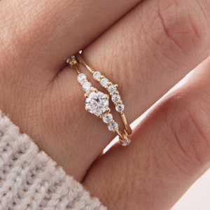 Dainty Yellow Gold CZ Bridal Ring Set, Minimalist Engagement Ring and Curved Wedding Band, Cubic Zirconia Promise Set for Her
