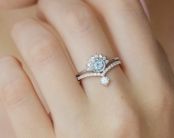 Unique art deco womens wedding rings set, Blue topaz wedding rings set for her, Antique wedding rings set, Dainty & simple wedding rings set