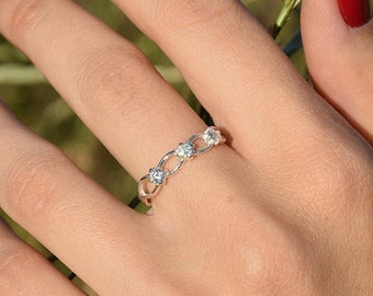 Simple womens promise ring, Womens art deco ring, Dainty silver promise ring, 3 stone ring, White cz promise ring for her