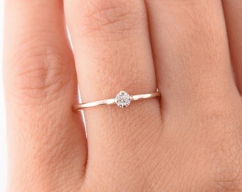 14k rose gold simple & dainty promise ring for her, Small minimalist womens promise ring, White cz solitaire ring,Delicate gold ring for her