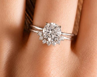 Elegant brudringsset med CZ-detaljer, rund förlovningsring i sterlingsilver och böjd vigselring
