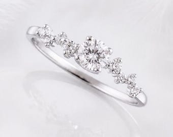 Unique silver cluster cz engagement ring, Dainty womens silver promise ring, Art deco style minimalist wedding ring,Anniversary gift for her