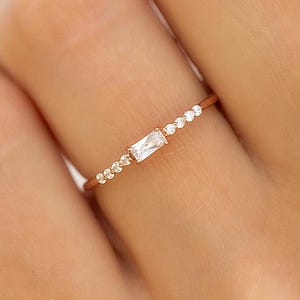 Minimalist delicate rose gold baguette cz promise ring for her, Unique dainty cz women engagement ring, Stacking ring, Everyday ring gold