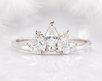 Marquise CZ Crown Wedding Band, Art Deco Sterling Silver Curved Stacking Ring for Her