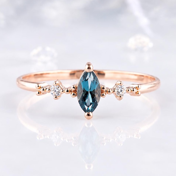 Marquise London Blue Topaz Promise Ring, 14k Rose Gold Dainty December Birthstone Engagement Ring