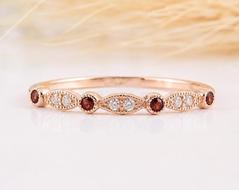 Garnet Half Eternity Wedding Band, Rose Gold January Birthstone Milgrain Stacking Ring for Her