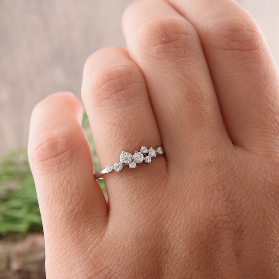 14k White Gold Cluster Wedding Band, Unique Womens Wedding Band