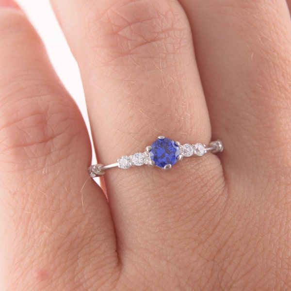 Womens blue sapphire promise ring for her, Dainty & simple womens promise ring, Sterling silver womens sapphire ring, September birthstone