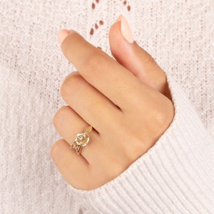 Womens 14k yellow gold blue aquamarine flower engagement ring, Dainty rose promise ring for her, Unique aquamarine wedding ring,Gift for her