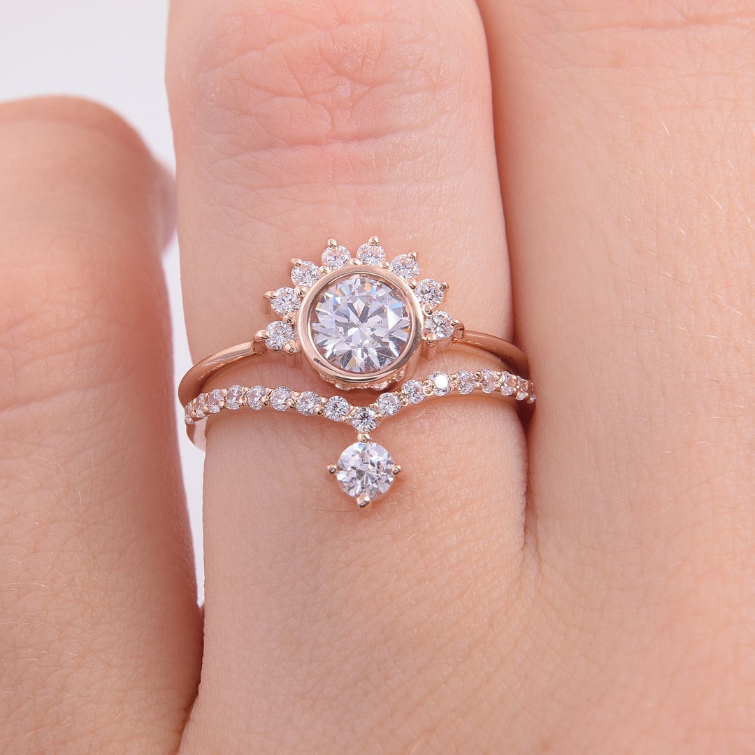 14k Rose Gold Unique Art Deco Wedding Rings Set,womens Antique Wedding Rings Set,gold Bridal