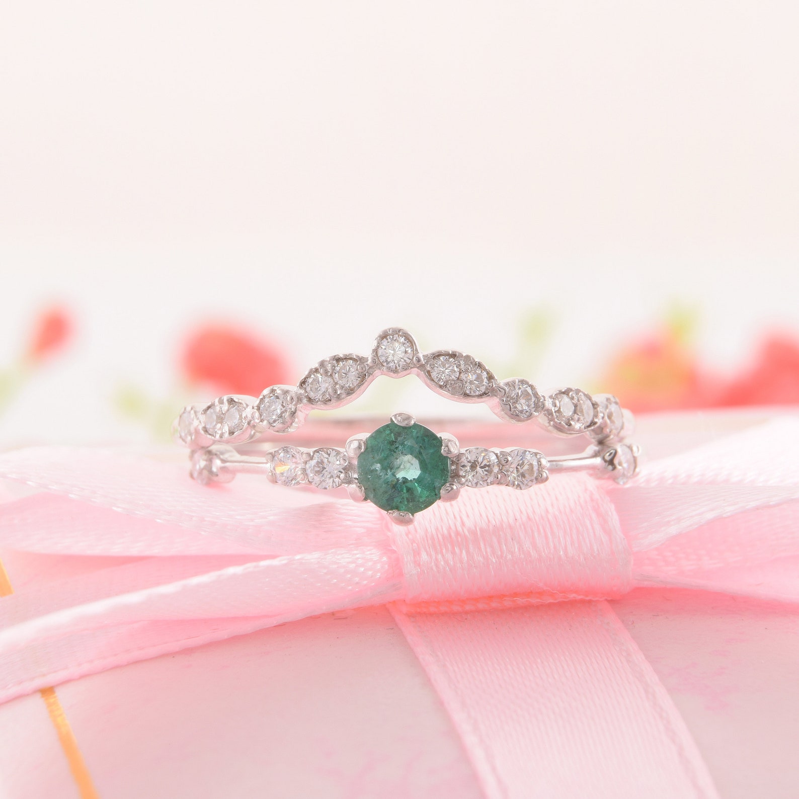Emerald Wedding Rings Set Silver Wedding Rings Set Small Etsy
