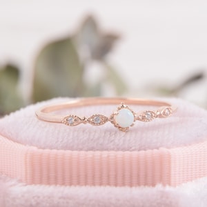 Unique tiny delicate victorian womens opal engagement ring, Small & dainty 14k rose gold vintage style art deco opal promise ring for her