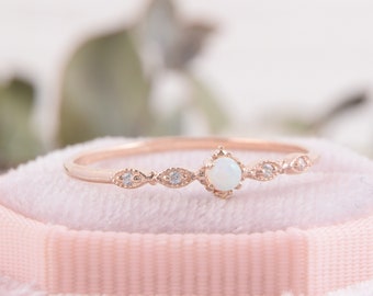 Unique tiny delicate victorian womens opal engagement ring, Small & dainty 14k rose gold vintage style art deco opal promise ring for her