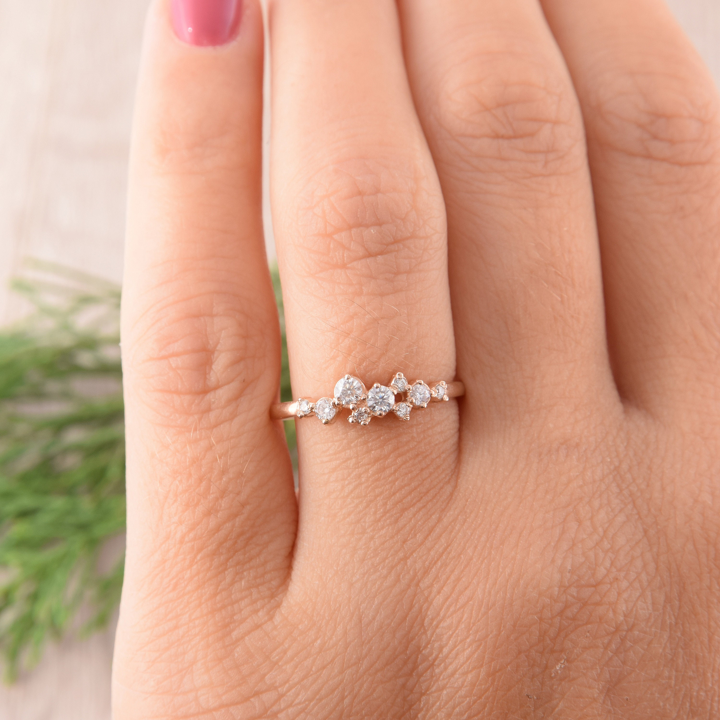 Unique 14k rose gold cluster wedding band Dainty elegant womens cluster ring Cluster promise ring for her Art deco womens wedding band